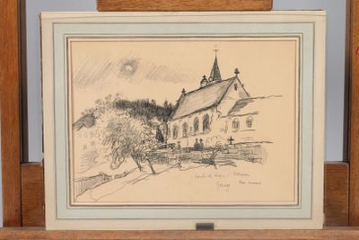 drawing of a church with a steeple on the top of it