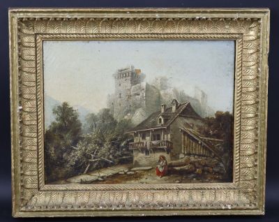 une image d'un tableau représentant un château sur une colline