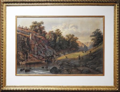 une image représentant un tableau représentant un paysage de montagne avec un ruisseau