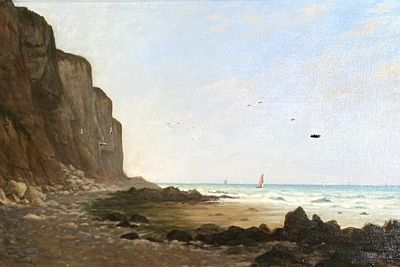 a painting of a beach scene with a sailboat in the water