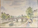 a painting of a bridge over a river with people walking on it