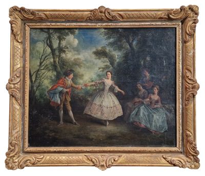 une peinture à l'huile représentant un couple dansant dans un décor boisé