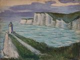 un tableau représentant un phare situé sur une falaise au bord de l'océan