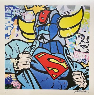 painting of a superman flying through the air with his cape open