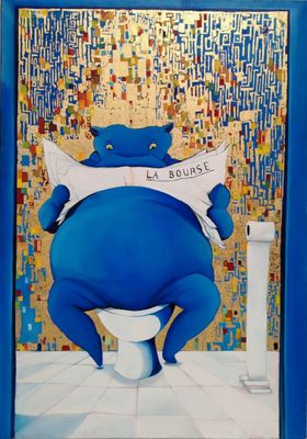 un tableau représentant un homme assis sur des toilettes, un journal dans la bouche