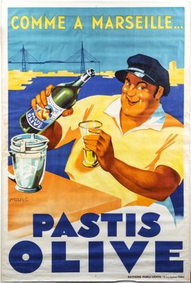 une affiche représentant un homme tenant une bouteille d'huile d'olive et un verre d'eau