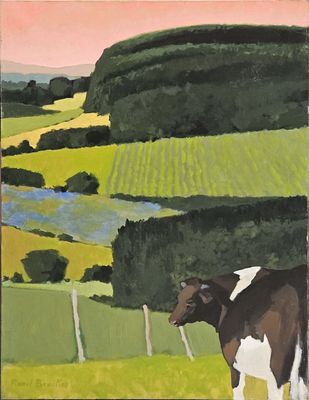 a painting of a cow standing in a field
