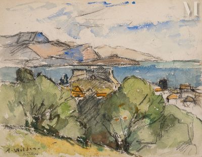 peinture représentant une vue d'un village avec une montagne en arrière-plan