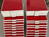 a couple of red and white boxes sitting on top of a table