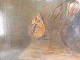 a painting of a butterfly sitting on a table next to a vase