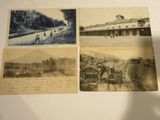 four old postcards of a train station with people on the tracks