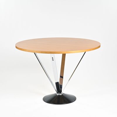 an image of a round table with a wooden top and metal legs