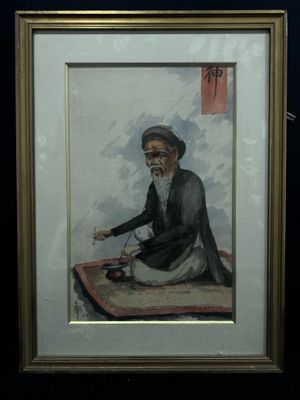 tableau représentant un vieil homme assis sur un tapis, une pipe à la main