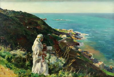 une image représentant un tableau où l'on voit une femme et un enfant sur une colline surplombant l'océan
