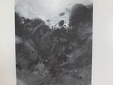 two black and white photos of a dog laying on a bed