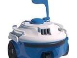 the blue and white vacuum cleaner is sitting on a white surface