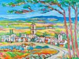 peinture représentant un tableau d'un village traversé par une route