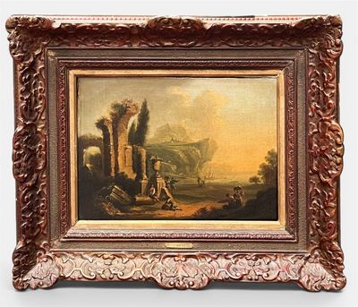 an old painting of a landscape with a man and a dog by a fountain