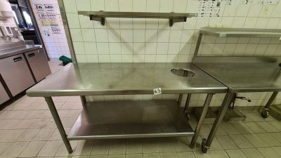 two stainless steel tables in a commercial kitchen