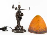 a lamp that is sitting next to a large orange object