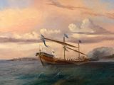 an oil painting of a ship in the ocean with a sky background