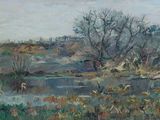 peinture d'un paysage avec une rivière et des arbres au premier plan