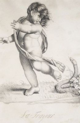 un vieux dessin représentant un bébé qui court, un serpent à la main