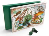a green box with a picture of a train on it