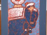 painting of a man with a hat and a blue jacket