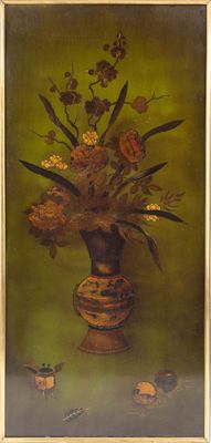 peinture représentant un vase contenant des fleurs sur fond vert