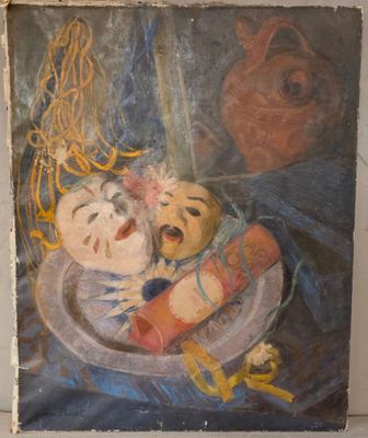 une peinture à l'huile représentant deux poupées dans un bol posé sur une table