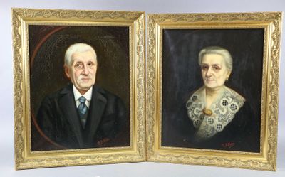 two paintings of an older man and a younger woman in a gold frame