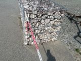 a man standing next to a pile of rocks with a chain attached to it