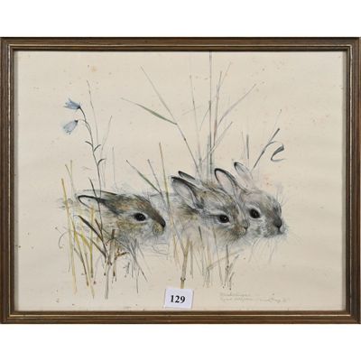 un tableau représentant deux lapins assis côte à côte dans les hautes herbes
