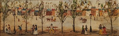 an image of a painting of people and horses in a field