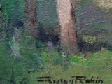 an oil painting of a horse grazing in a field with trees in the background