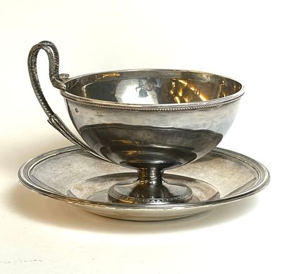 a silver cup and saucer sitting on a saucer