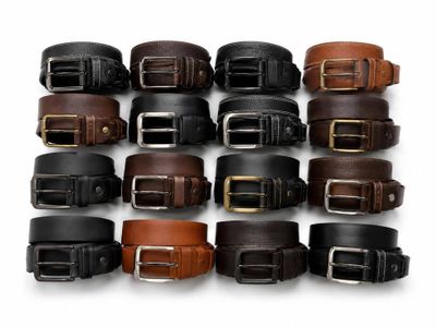 plusieurs types de ceintures en cuir posées sur une surface blanche