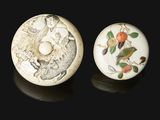 pair of chinese carved ivory snuff boxes with birds and flowers on them