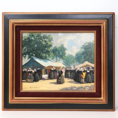 une peinture à l'huile représentant un groupe de personnes sur un marché en plein air