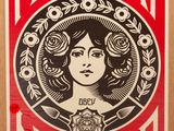 affiche représentant une femme avec une rose dans les cheveux, sur laquelle on peut lire « Make art, not war »