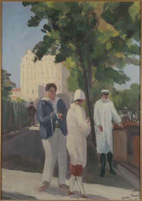 painting of a group of men standing on a sidewalk next to a tree