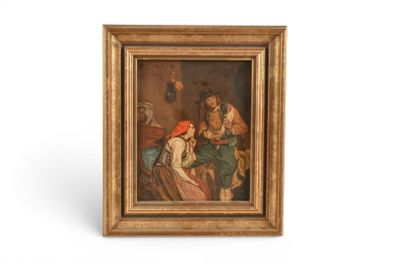 une peinture à l'huile représentant un homme et une femme dans un lit avec un chien
