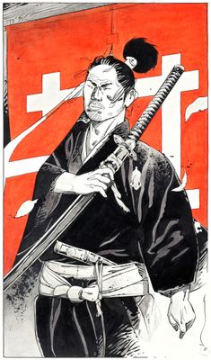 an illustration of a man holding a sword in front of a red background
