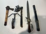 several different types of weapons are displayed on a white surface
