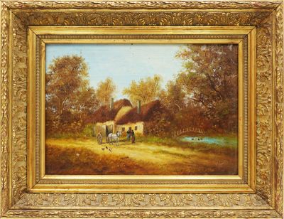 une image représentant un tableau représentant une scène de vie à la ferme avec des vaches et une maison