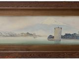 tableau représentant un bateau sur un plan d'eau, avec une montagne en arrière-plan