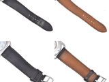 three different styles of watches with leather straps on a white background