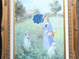 painting of a woman with a parasol and a child in a field