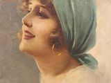 painting of a woman wearing a green head scarf and a blue scarf